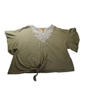 Ruby Rd 3X Green Lace‎ Trim V Neck Tie Front Blouse Short Sleeve Plus Size Top